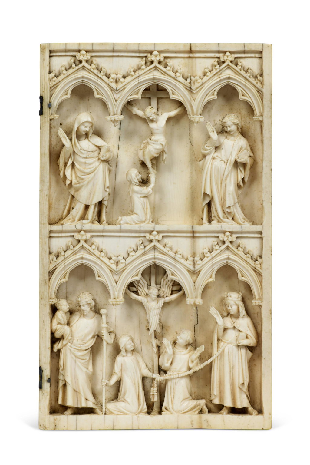 Crucifixion and Saint Christopher, Saint Francis of Assisi, and Saint Elizabeth of Hungary by French 14Th Century sold for $58,700 (530% above estimate). Image courtesy of Christie's