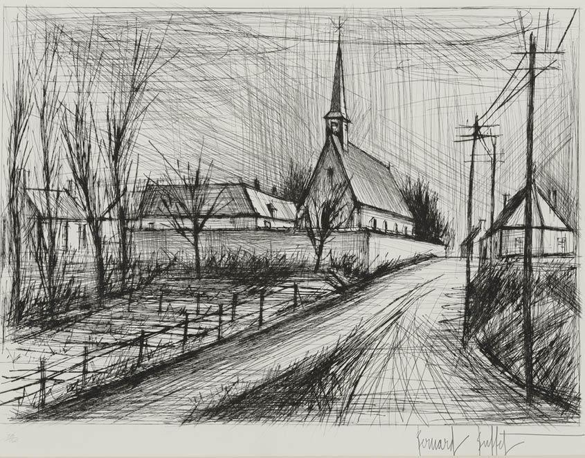 Beaumont, l'église by Bernard Buffet sold for $1,364 (623% above estimate). Image courtesy of Mainichi Auction Inc.