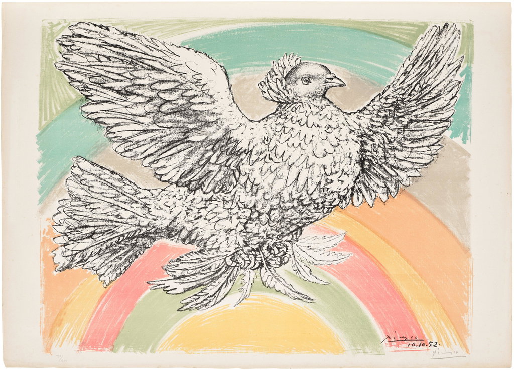 Colombe volant (à l'arc-en-ciel) (Flying Dove in a Rainbow) by Pablo Picasso sold for $13,900. Image courtesy of Phillips