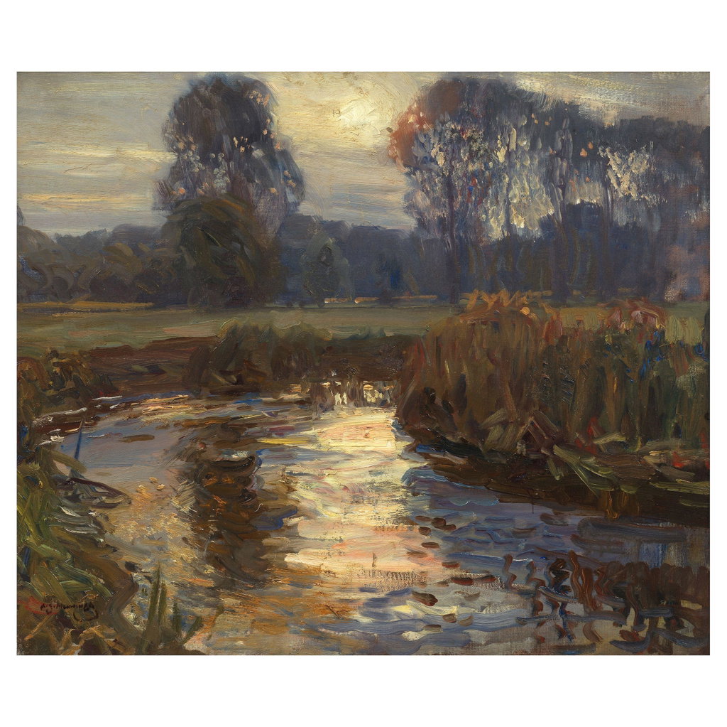 Sunset on the river, Hoxne by Alfred Munnings sold for $204,500. Image courtesy of Bonhams