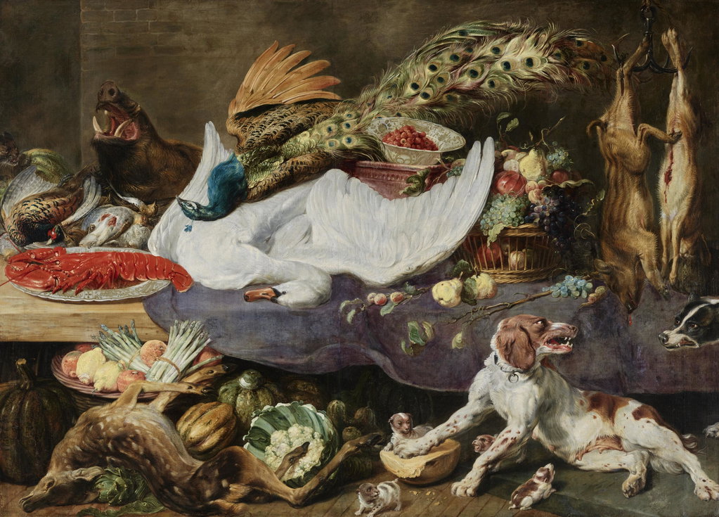Still Life with Swan, Peacock, Lobster, Fruits and Vegetables on a Partially Tablecloth, a Dog and Her Puppies in the Foreground by Frans Snyders sold for $440,000. Image courtesy of Christie's