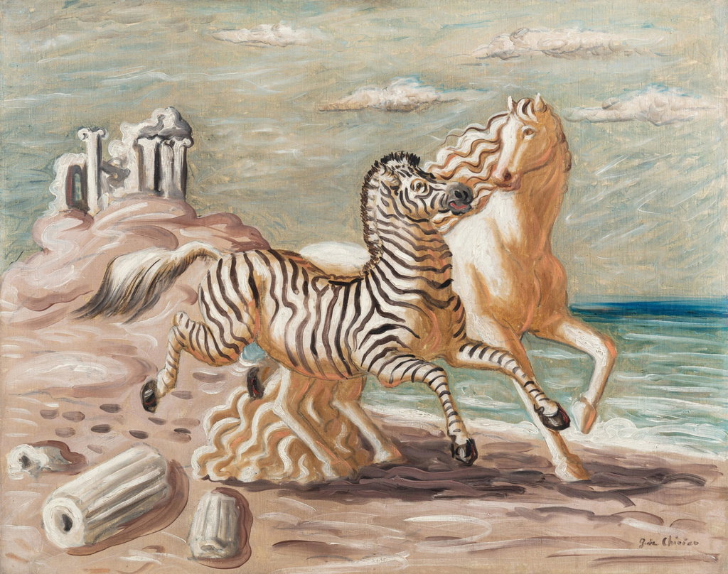 Zebra e Cavallo sulla Spiagga by Giorgio de Chirico estimated at $289,200 (low) to $404,800 (high). Image courtesy of Sotheby's