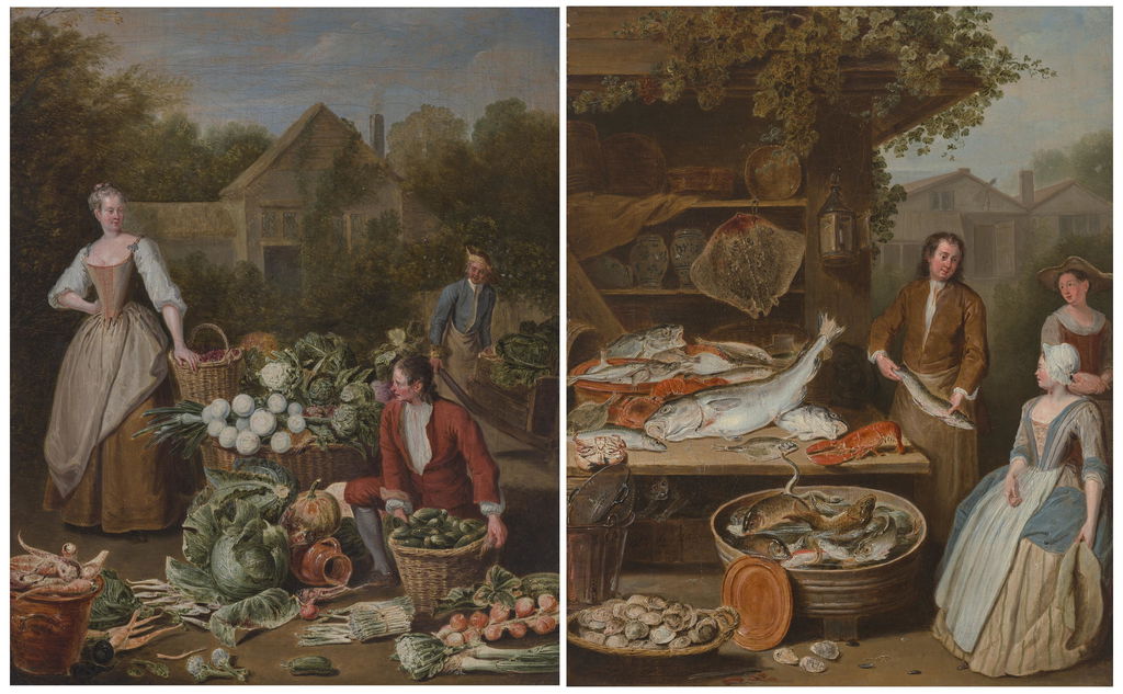 Vegetable sellers with a house and landscape beyond; and A fishmonger at his stall with a patron seated at right. Image courtesy of Christie's