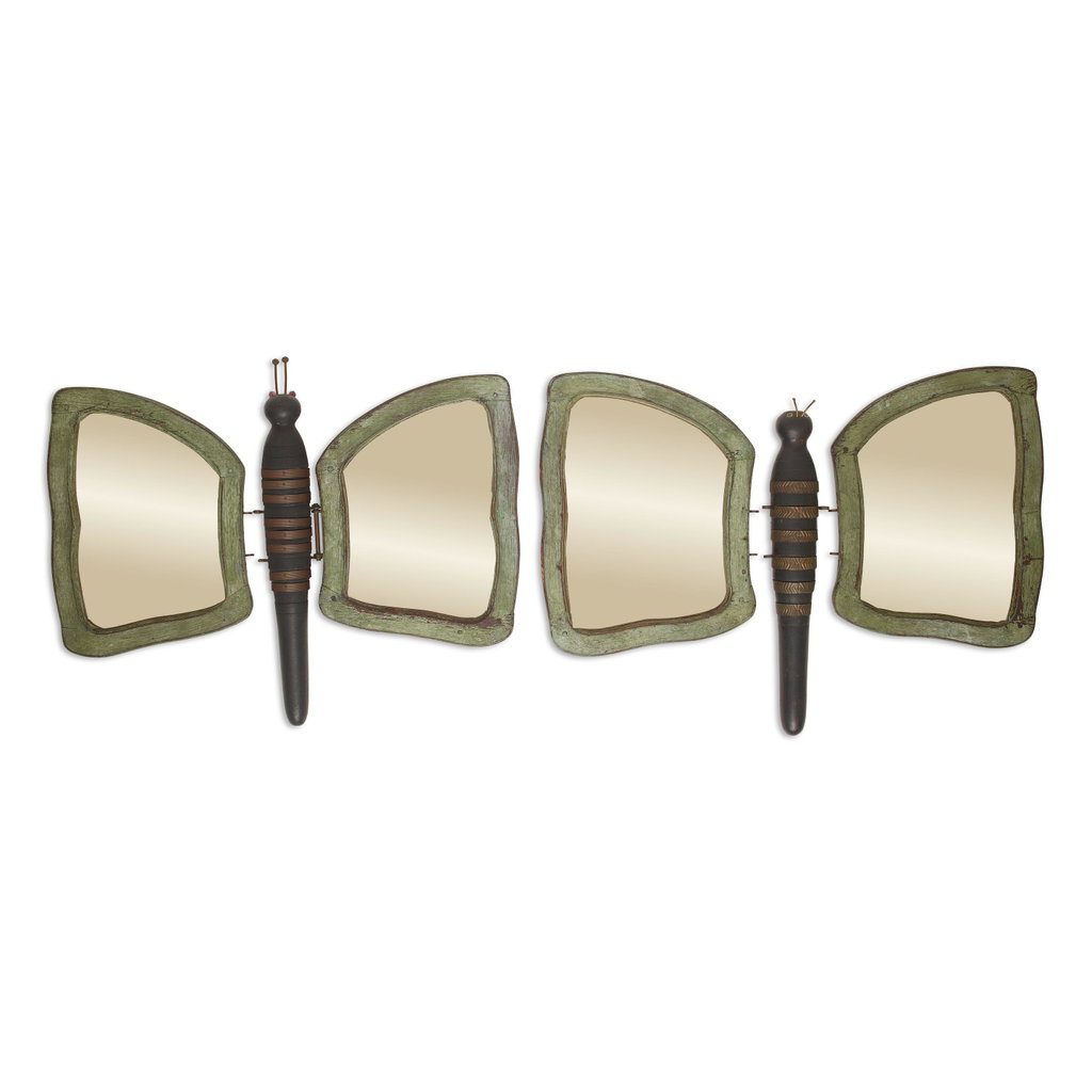 A PAIR OF RUSTIC METAL MOUNTED PAINTED WOOD BUTTERFLY-FORM HINGED MIRRORS by No Artist sold for $24,300. Image courtesy of Bonhams