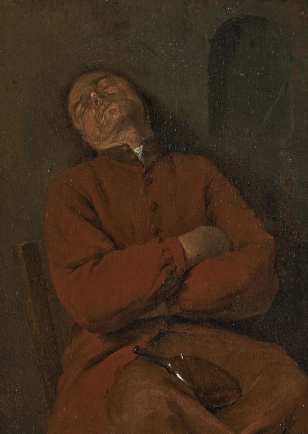 A seated man asleep, with a bottle in his lap. Image courtesy of Christie's