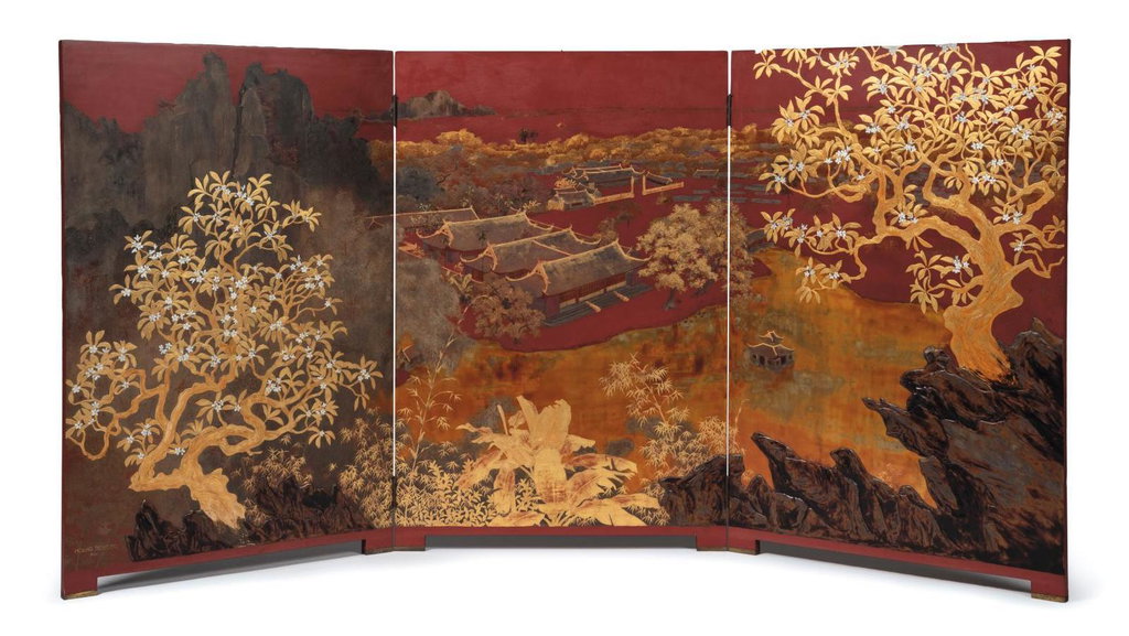 Paysage Vietnamien, Vue sur la pagode Chu â Thây (paravent 3 feuilles (1941). Sold for $206,800 in 2021. Image courtesy of Bérard-Jeanroy-Rousselot