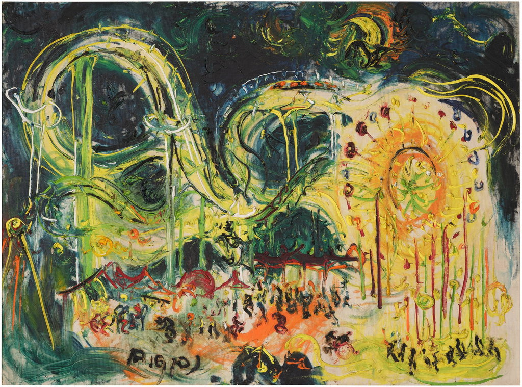 Roller Coaster, EXPO '70, Osaka by Affandi estimated at $280,500 (low) to $535,500 (high). Image courtesy of Phillips