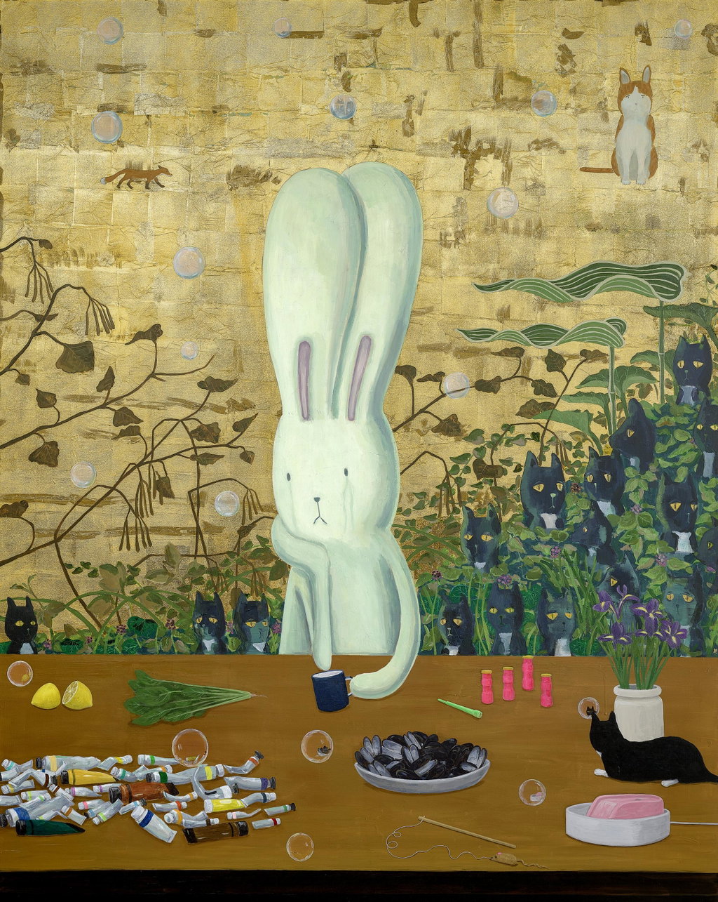 The Solace of the Cats by Atsushi Kaga sold for $293,700 (284% above estimate). Image courtesy of Christie's