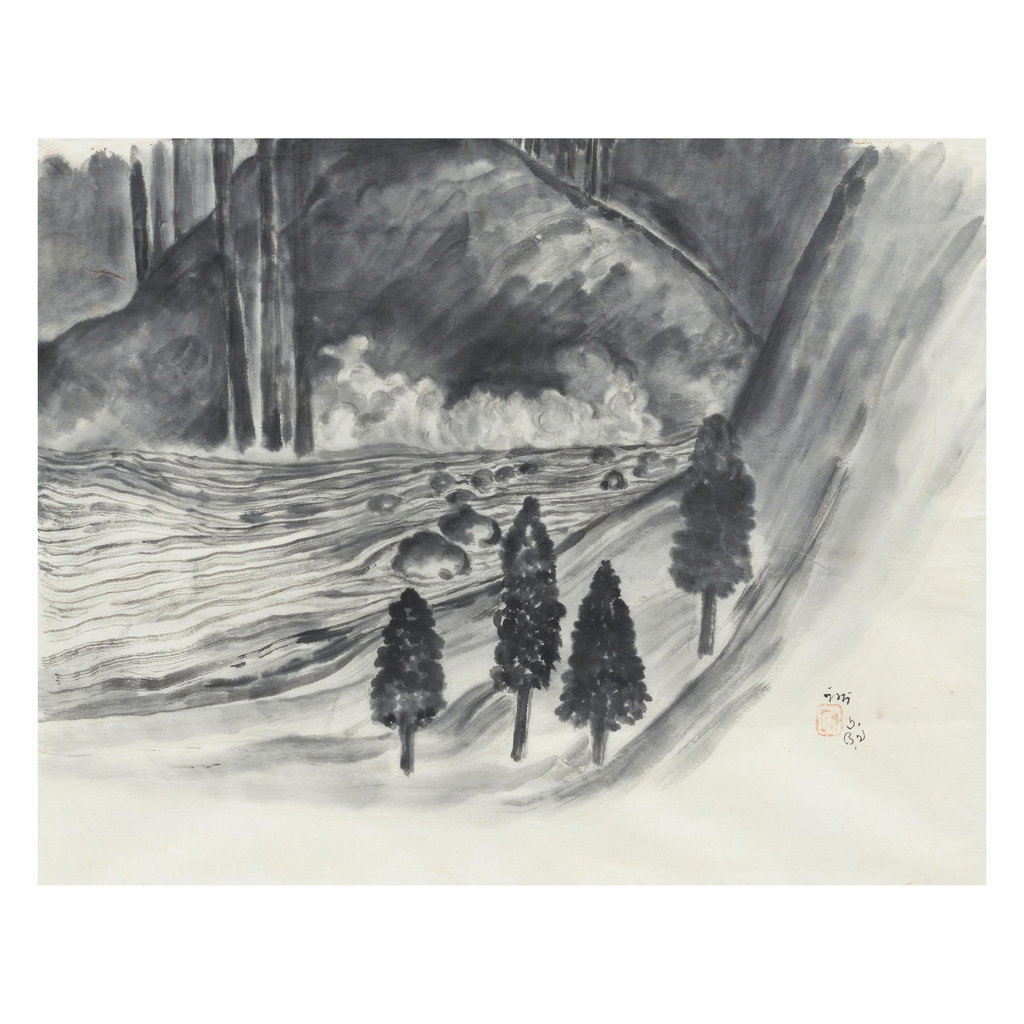 Untitled (Four Trees and a stream) by Nandalal Bose sold for $13,900. Image courtesy of Bonhams