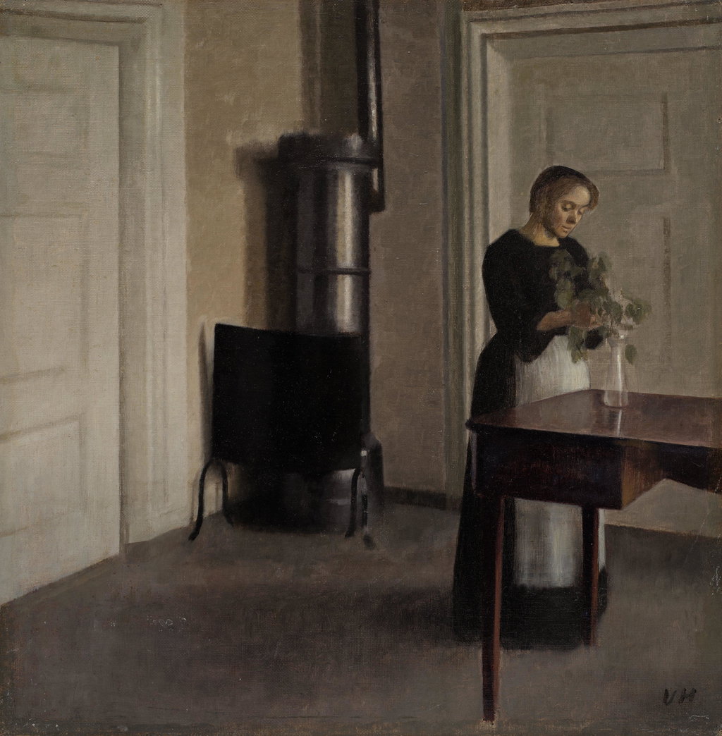 Interior of Woman Placing Branches in Vase on Table (Interiør med kvinde, der stiller grene i et glas, Strandgade 30) by Vilhelm Hammershoi sold for $2.19m. Image courtesy of Phillips