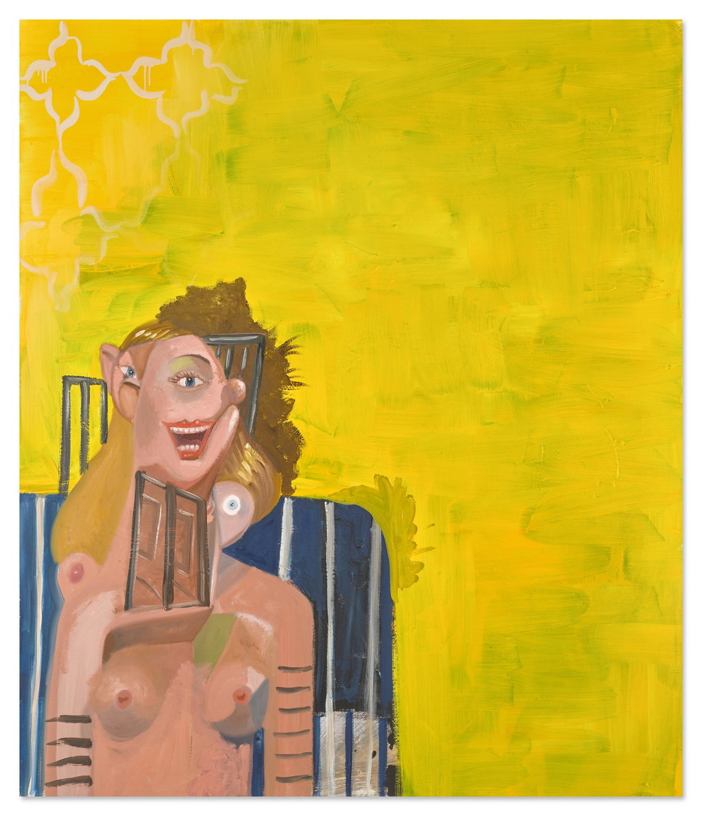 Yellow Seated Woman by George Condo estimated at $535,200 (low) to $802,900 (high). Image courtesy of Sotheby's