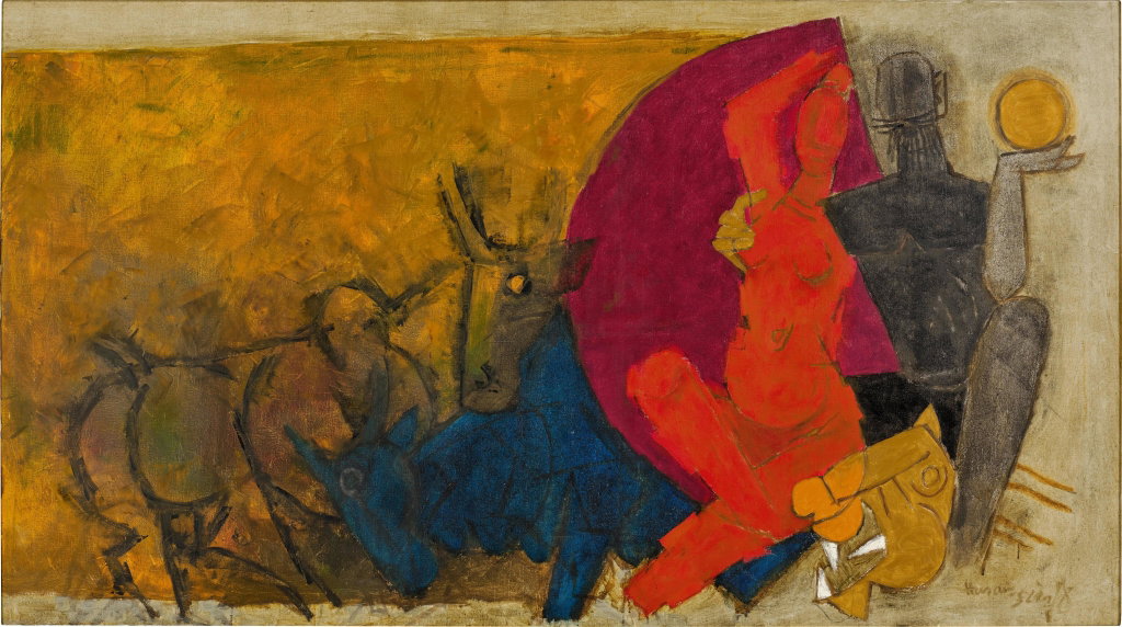 Mithuna Crimson by M.F. Husain estimated at $541,100 (low) to $811,700 (high). Image courtesy of Sotheby's
