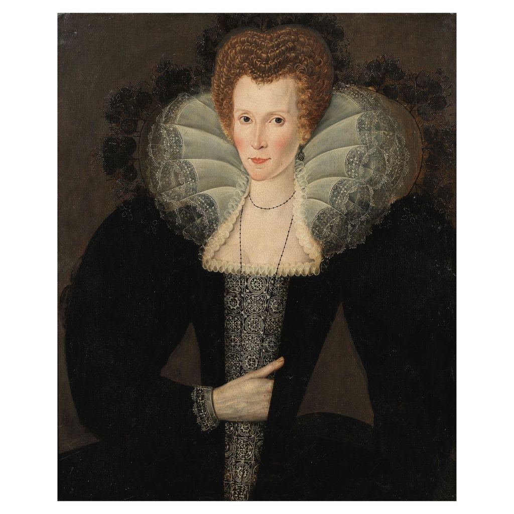 Portrait of Catherine Howard, Countess of Nottingham, in a black dress decorated with white lace by Robert Peake the Elder sold for $252,600. Image courtesy of Bonhams