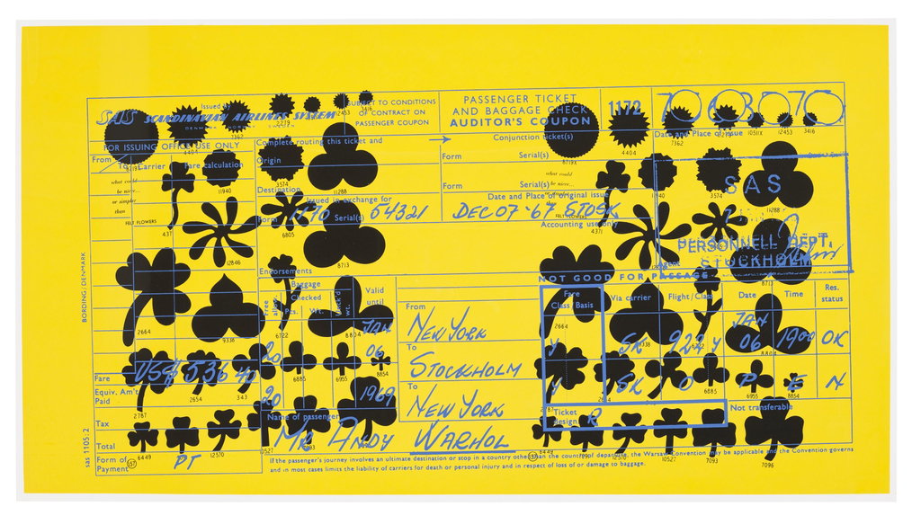 SAS Passenger Ticket by Andy Warhol sold for $15,400 (412% above estimate). Image courtesy of Christie's