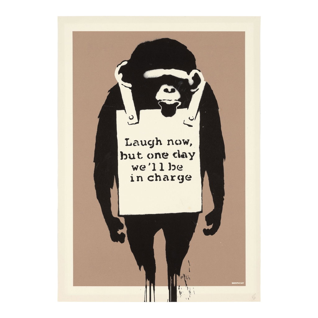 Laugh Now by Banksy sold for $15,300. Image courtesy of Bonhams
