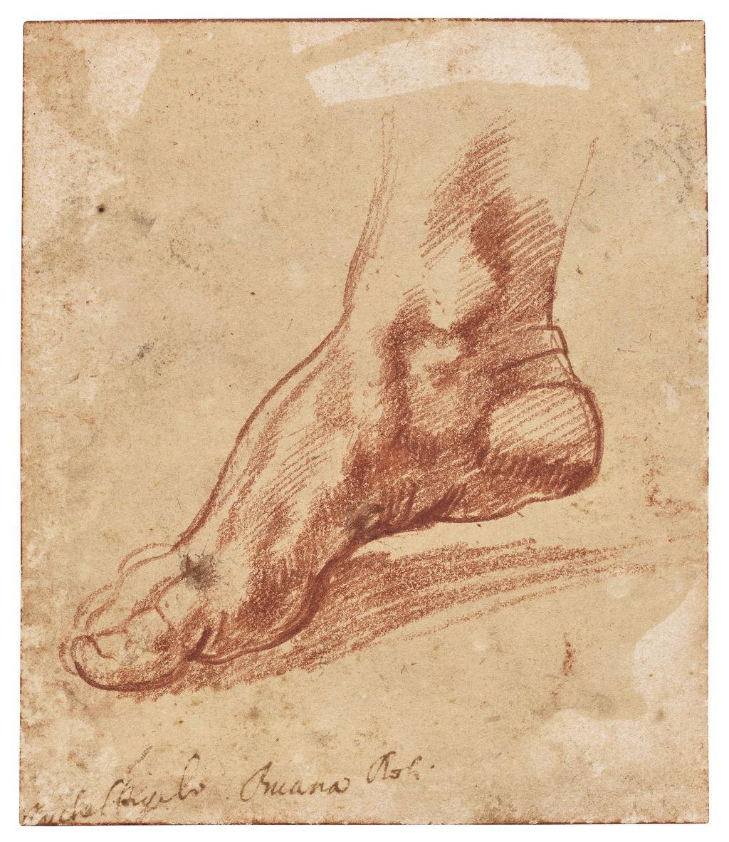 Study for a foot of the Libyan Sibyl (recto); Study of a leg with knee bent (verso) by Michelangelo sold for $27.2m.
Image courtesy of Christie's