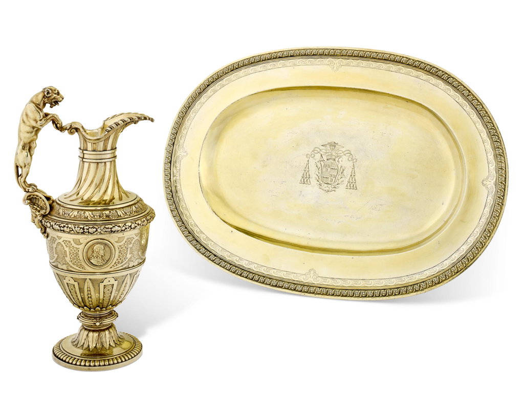 RARE LOUIS XIV PERIOD VERMEIL EWIG AND BASIN by Nicolas De Launay estimated at $696,200 (low) to $928,300 (high). Image courtesy of Christie's