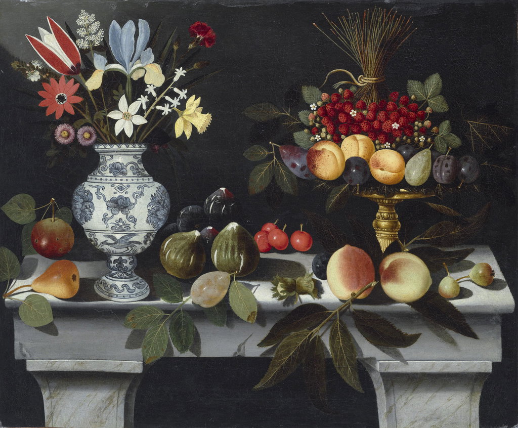 A still life with a blue-and-white vase of flowers, a gilt tazza with peaches, plums and fraises du bois, with a pear, figs, cherries, peaches and other fruit on a ledge. Image courtesy of Christie's