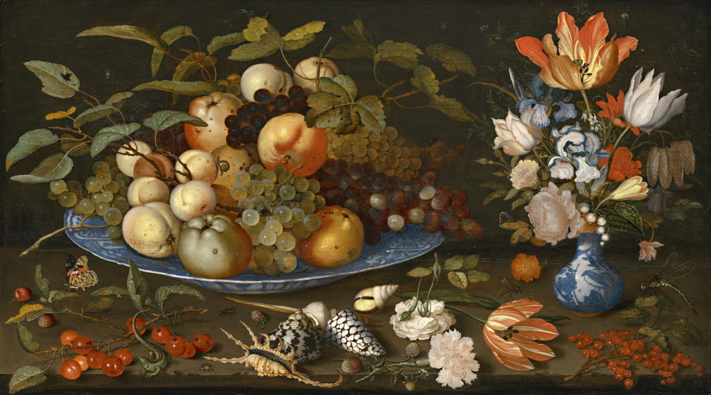 Grapes, apples and peaches in a blue and white porcelain bowl, with a vase of tulips, roses, irises and other flowers on a stone ledge covered with flowers, shells, fruit and insects. Image courtesy of Christie's