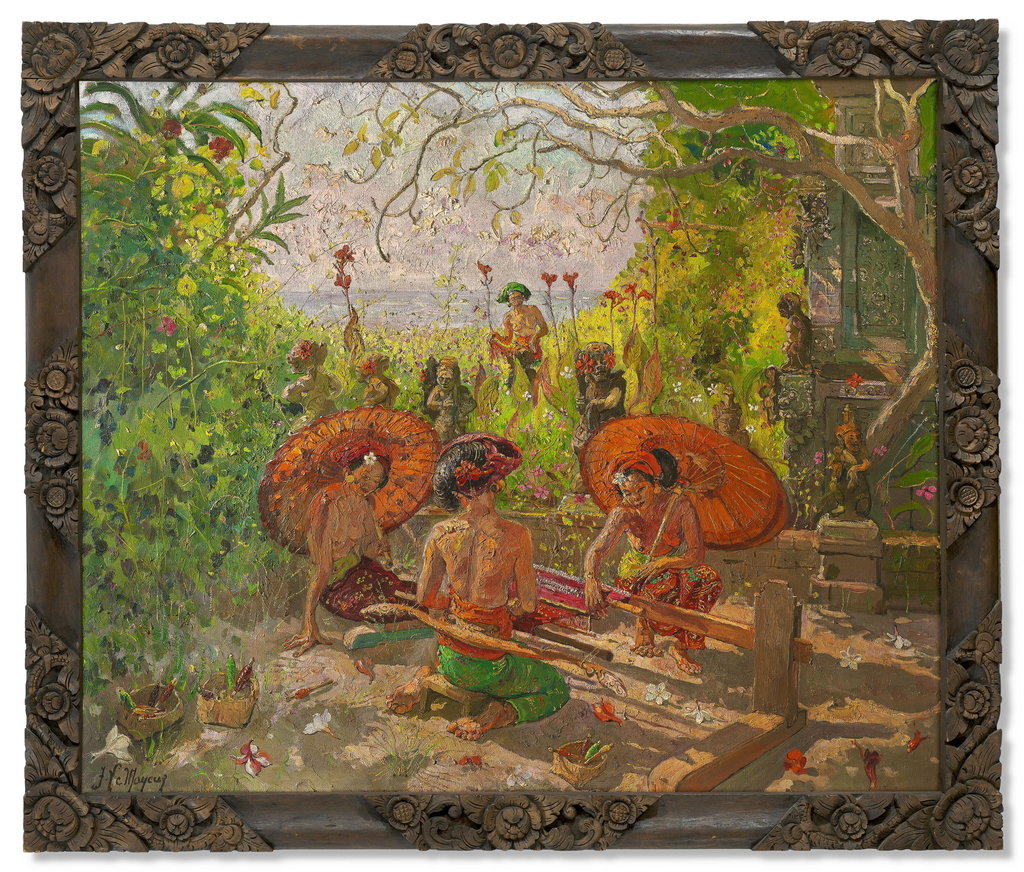 Balinese women weaving in the garden, Sanur, Bali. Image courtesy of Christie's