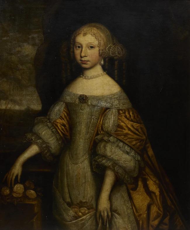 Portrait of a lady identified as Lady Margaret Hay, Countess of Roxburghe, standing, three-quarter length, wearing a silk dress with a lace collar and pearl jewellery;. Image courtesy of Roseberys