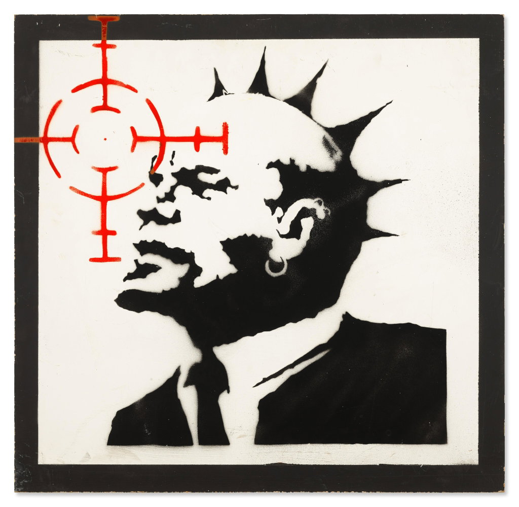 Lenin in Sight by Banksy estimated at $468,300 (low) to $602,200 (high). Image courtesy of Sotheby's