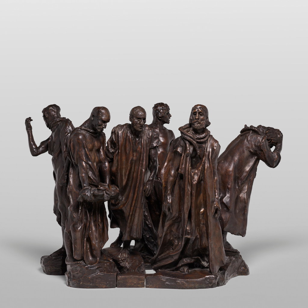 Les bourgeois de Calais, deuxième maquette
(i) Pierre de Wissant, vêtu; (ii) Jean d'Aire, vêtu; (iii) Jacques de Wissant, vêtu; (iv) Jean de Fiennes, torse nu; (v) Eustache de Saint-Pierre, vêtu; (vi) Andieu d'Andres, vêtu, 1885 by Auguste Rodin sold for $903,000.
Image courtesy of Phillips