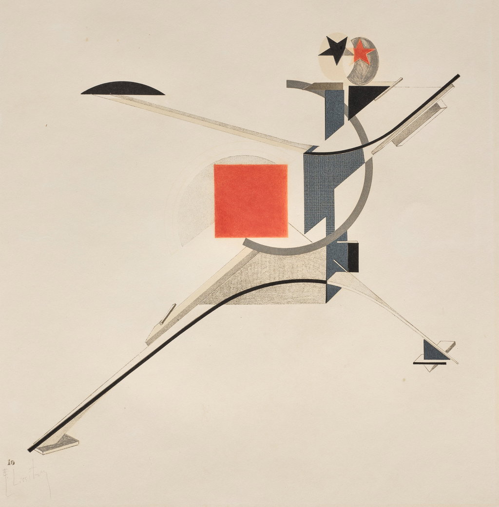 Neuer, plate 10 from Figurinen, die Plastische Gestaltung der Elektro-Mechanischen Schau 'Sieg über die Sonne' (New Man, plate 10 from Figurines, The Three-Dimensional Design of the Electro-Mechanical Show 'Victory over the Sun') (L.-K. 64, E. 70) by El Lissitzky sold for $71,000. Image courtesy of Phillips