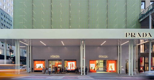 shimmering moiré facade of prada flagship in NYC rethinks the permanence of scaffolding