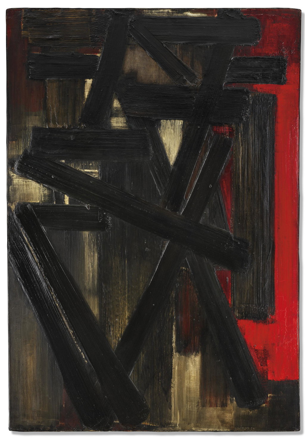 Painting 130 x 89 cm, June 25, 1954 by Pierre Soulages estimated at $1.16m (low) to $1.74m (high). Image courtesy of Christie's