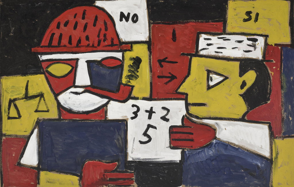 Constructive five-tone painting with two figures arguing. Image courtesy of Christie's