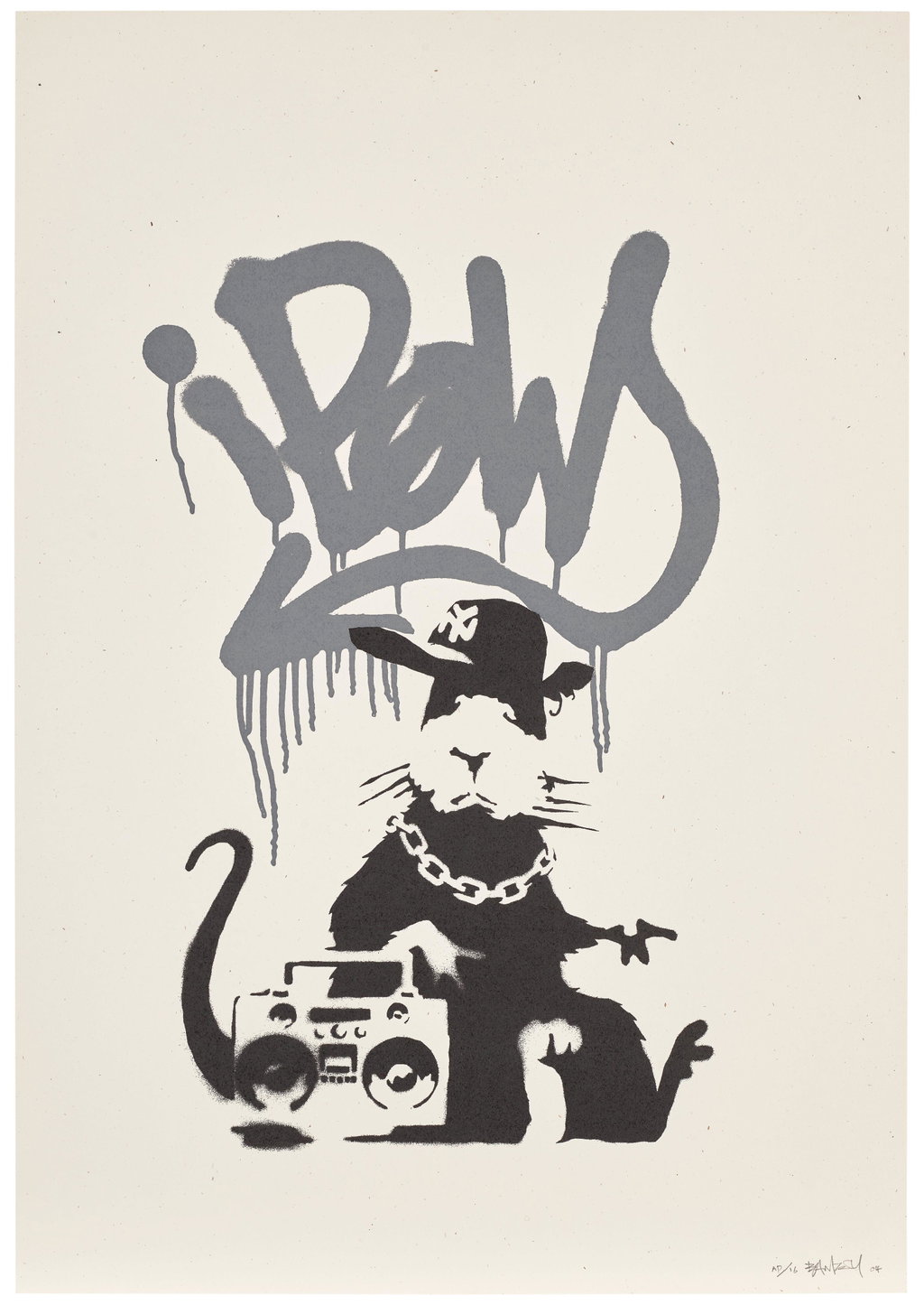 Gangsta Rat (Dark Grey) by Banksy sold for $156,300. Image courtesy of Phillips