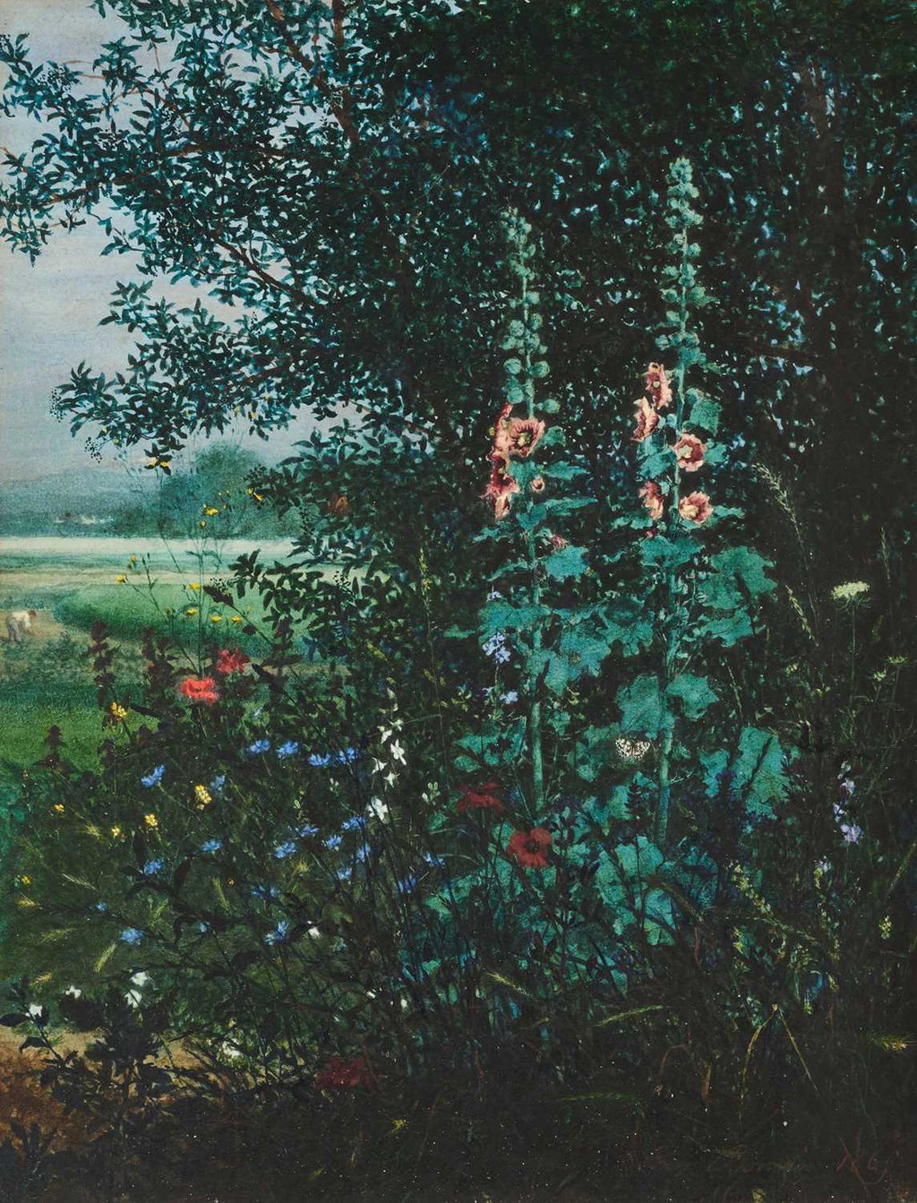 Still Life with Hollyhocks, Cornflowers, Poppies, Willows and Butterflies at the Edge of a Wood (1865). Sold for $148,300 in 2025. Image courtesy of Olympia Auctions