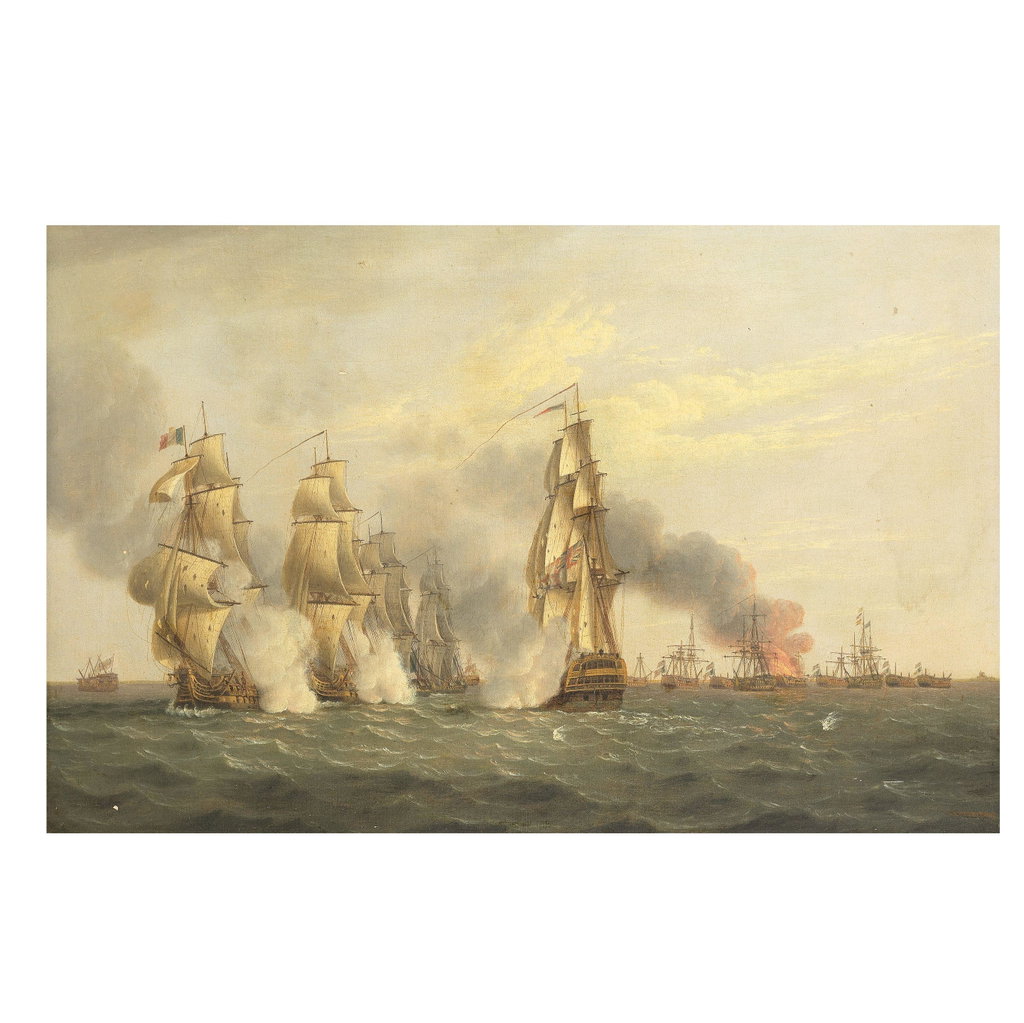 The Battle of the Nile, 1st August 1798, a pair showing the action at its height and both depicting H.M.S. Zealous engaging the enemy by Thomas Luny sold for $27,800. Image courtesy of Bonhams