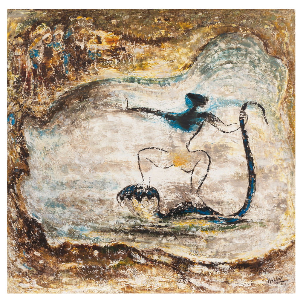 Untitled (Krishna tames Kaliya Nag) by Kattingeri Krishna Hebbar sold for $257,000. Image courtesy of Bonhams