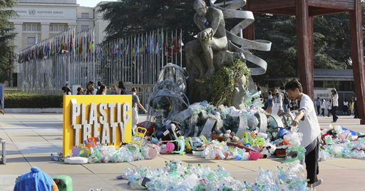 Artist covers sculpture in plastic garbage at U.N. plastic pollution treaty talks