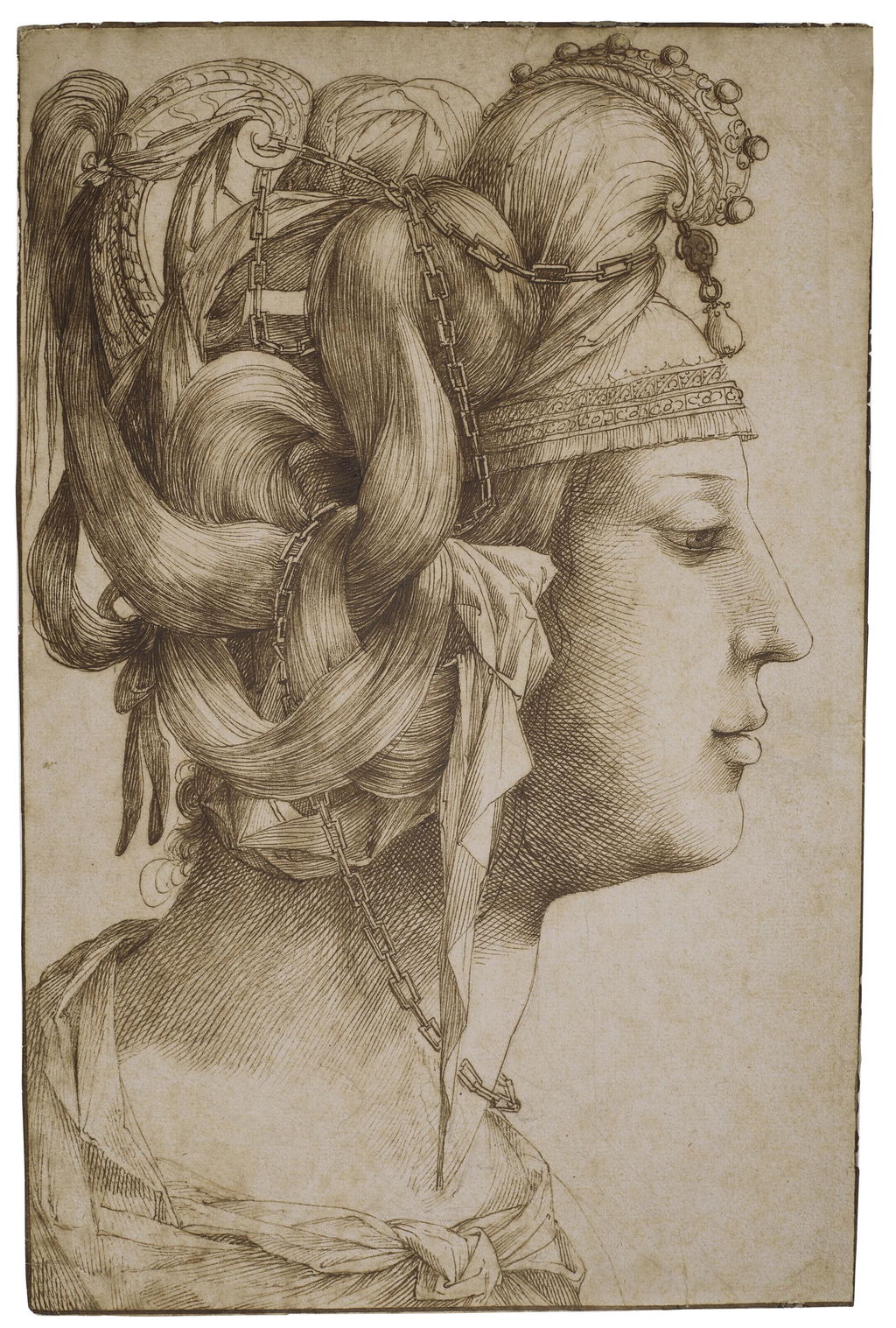 The head of a woman in profile to the right, wearing an elaborate headdress with a pearl resting on her forehead by Jacopo Ligozzi sold for $504,000.
Image courtesy of Christie's