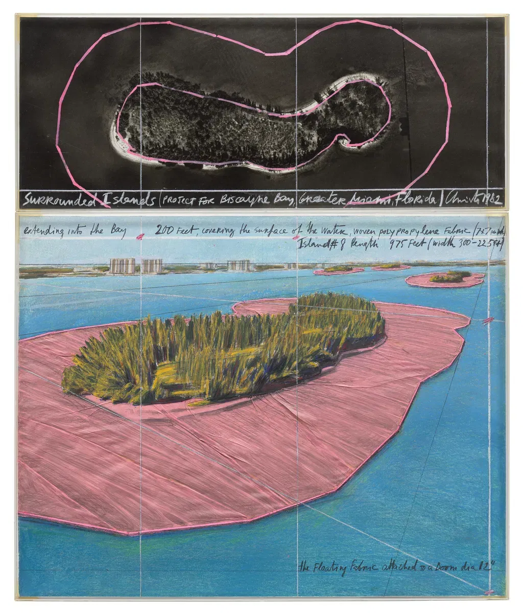 Christo's Surrounded Islands (Project for Biscayne Bay, Greater Miami, Florida) (1982) sold for $243,900 at Phillips in London on June 26. Image courtesy of Phillips.
