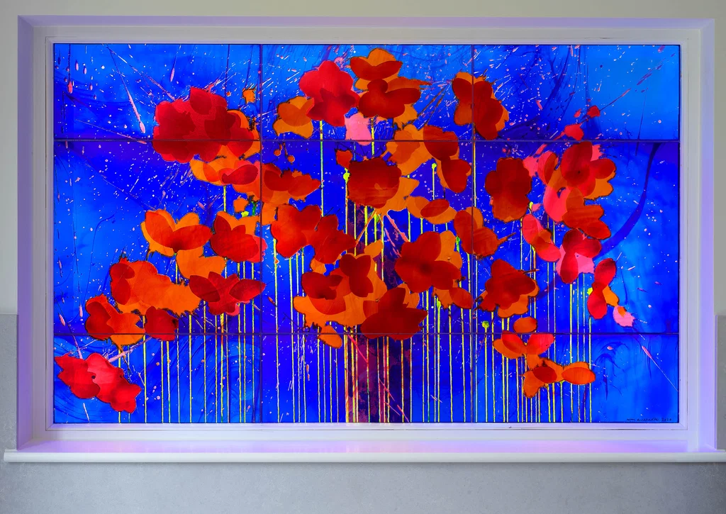 Original stained glass installation in Wimbledon, London. Brian Clarke, 2021.