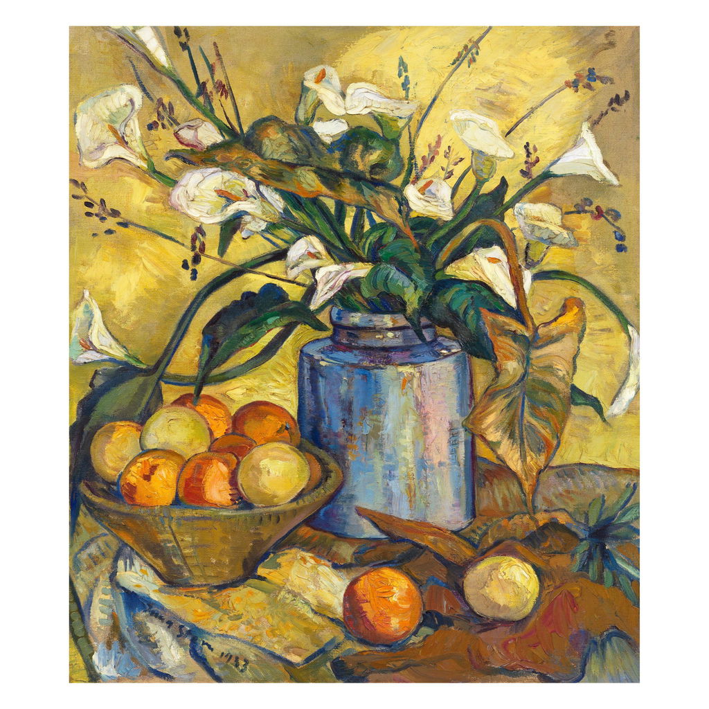 Still Life with Calla Lilies and Fruit by Irma Stern sold for $255,000. Image courtesy of Bonhams