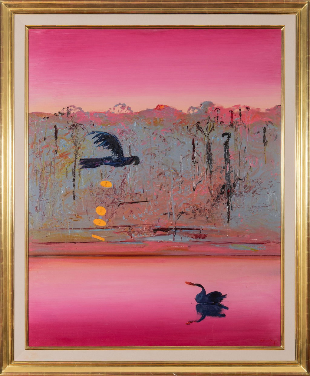 Shoalhaven Riverbank with Black Swan and Cockatoo, c.1988 by Arthur Merric Bloomfield Boyd sold for $123,500. Image courtesy of Bonhams