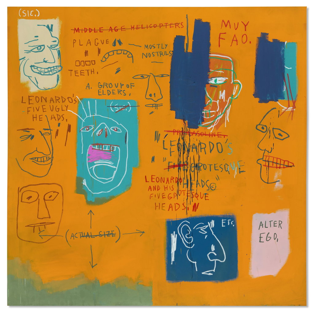 Untitled (Leonardo and His Five Grotesque Heads) by Jean-Michel Basquiat estimated at $30m (low) to $50m (high). Image courtesy of Christie's