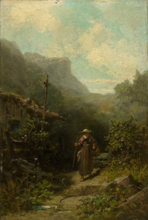 Mendicant monk in a straw hat on a path before his hermitage by Carl Spitzweg sells for $50,100