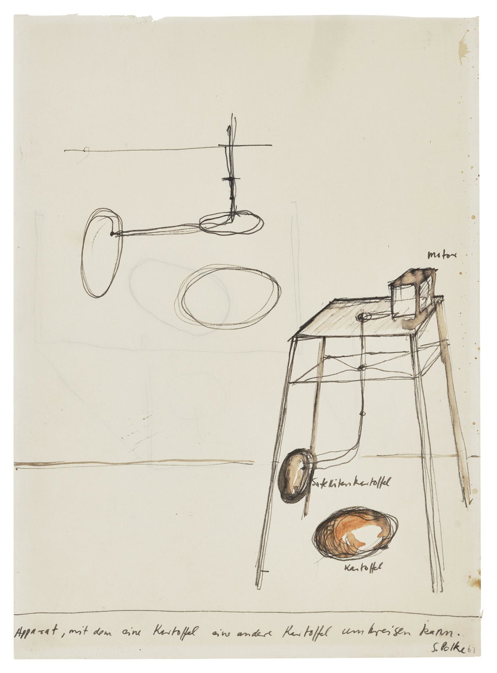 Apparat, mit den eine Kartoffel eine andere Kartoffel umkreisen kann (Study for Apparatus Whereby One Potato Can Orbit Another) by Sigmar Polke sold for $64,900 (1125% above estimate). Image courtesy of Christie's