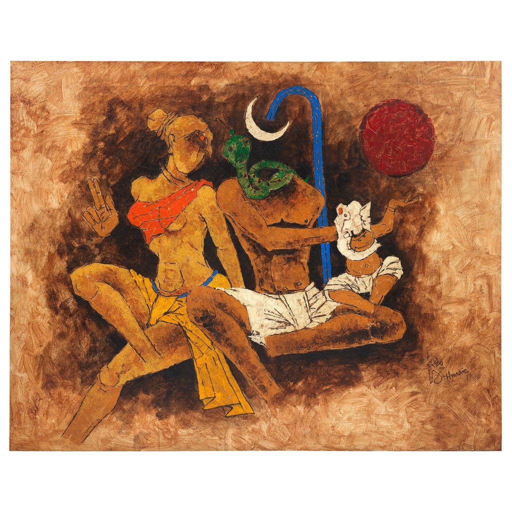 Untitled (Shiva, Parvati & Ganesh) by M.F. Husain sold for $513,500. Image courtesy of Bonhams