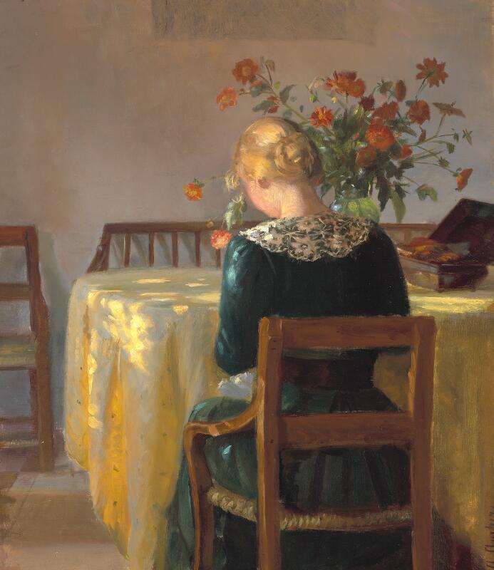 Ung pige ved sit arbejde". Interior with a young girl at her needlework (1901). Sold for $194,000 in 2020. Image courtesy of Bruun Rasmussen 