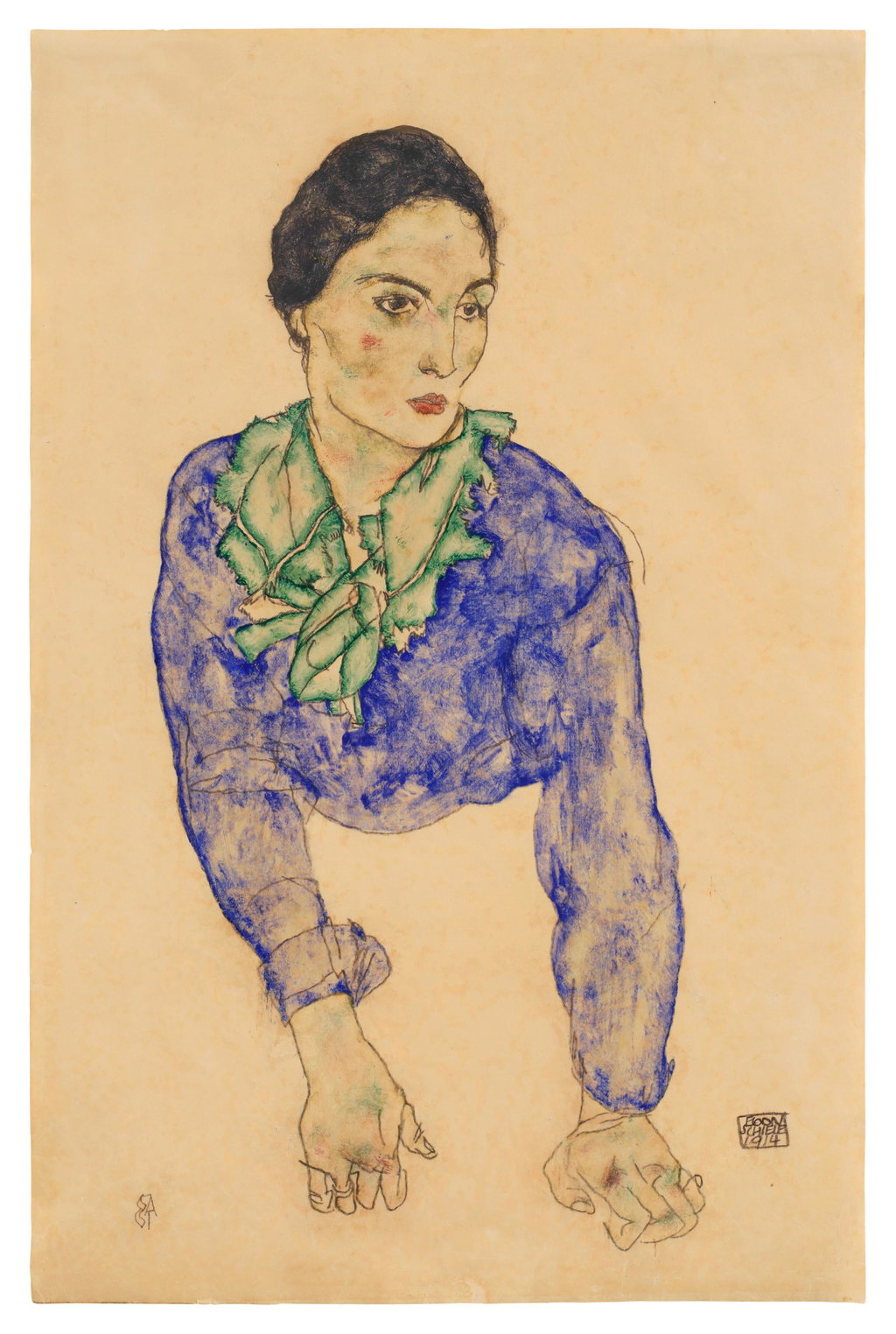 Frauenbildnis mit Blauem und Grünem Halstuch (Portrait of a Woman with Blue and Green Scarf). Image courtesy of Sotheby's
