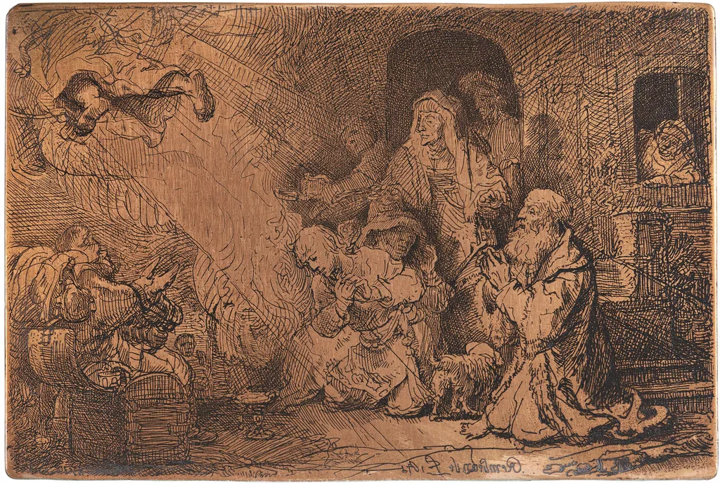 The Angel departing from the Family of Tobias (copperplate and print) by Rembrandt sold for $570,400.
Image courtesy of Christie's Online