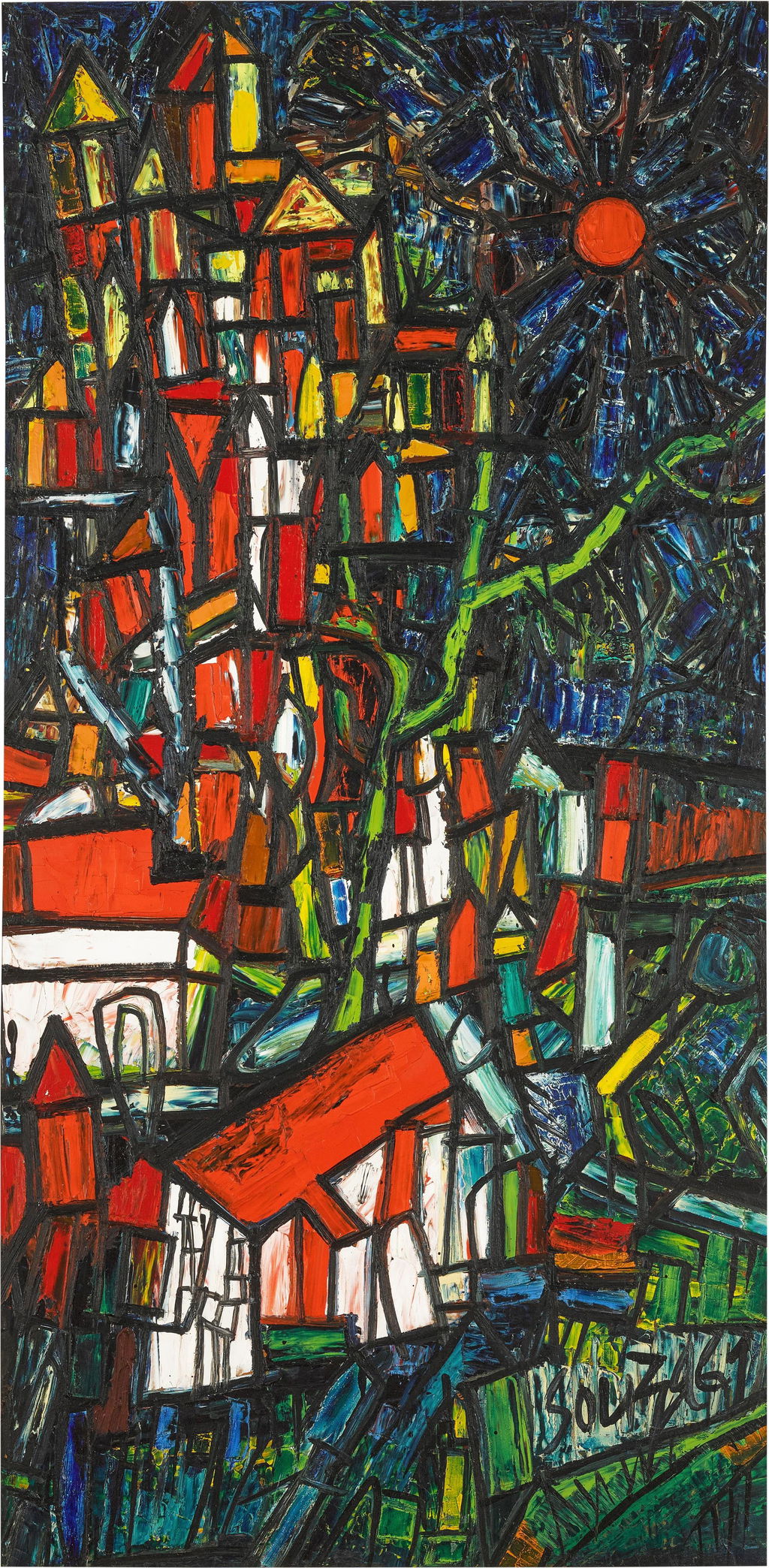 Untitled (Mountain with Houses) by Francis Newton Souza estimated at $400,000 (low) to $600,000 (high). Image courtesy of Sotheby's