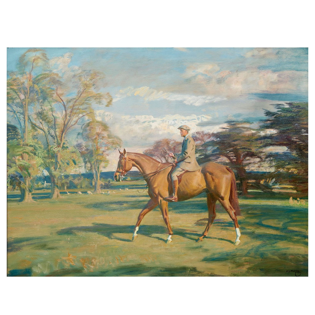 Portrait of Waldorf Astor, 2nd Viscount Astor on Bill's Simondale II by Alfred Munnings sold for $255,500. Image courtesy of Bonhams